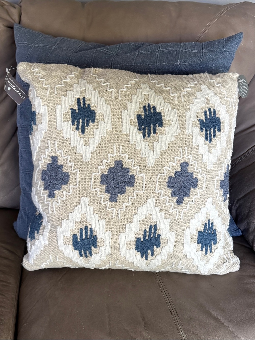 Decorative Textured Beige and Blue Geometric Accent Pillow Cover and Insert.